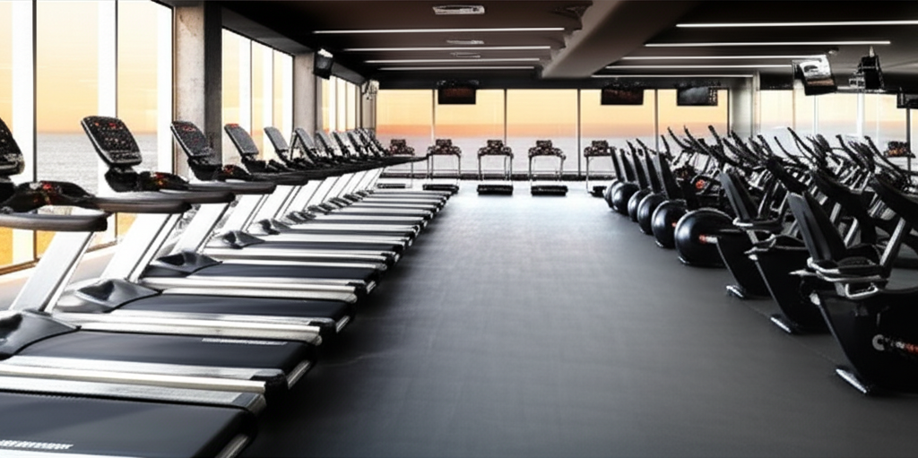 Modern gym cardio area with treadmills, elliptical machines, and cardiovascular fitness equipment
