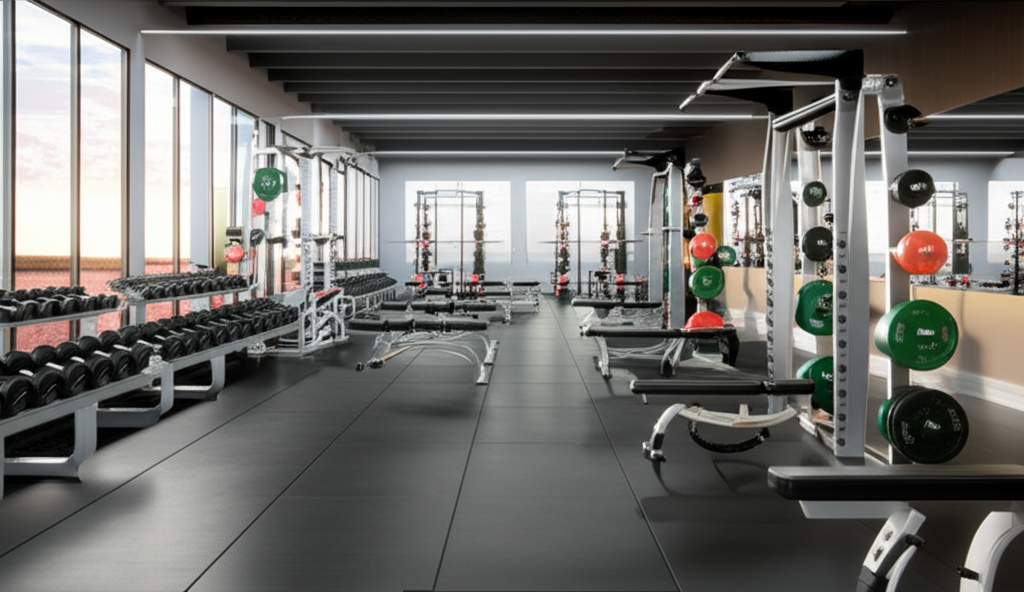 Modern weight training area with free weights, barbells, and strength training equipment